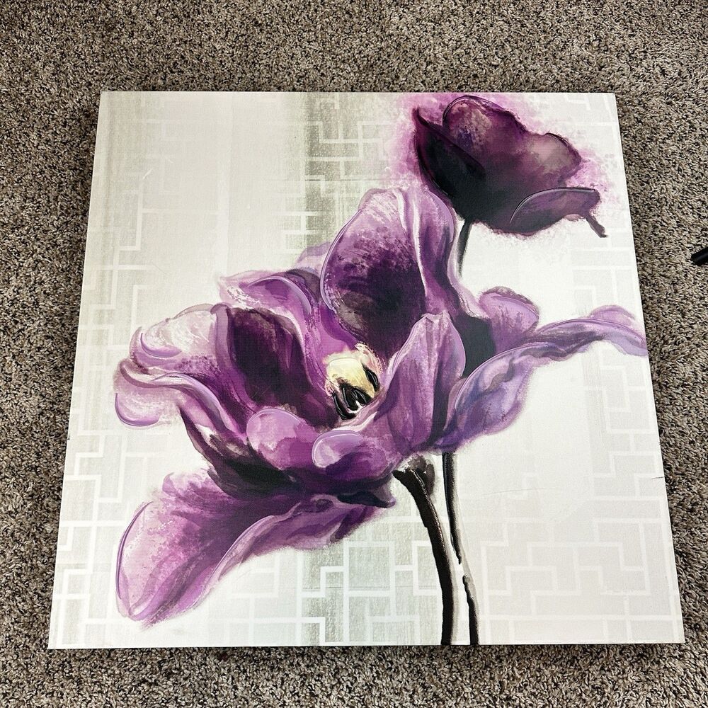 Purple Spring Tulip Flower Floral Canvas Painting Wall Art 24"x24"